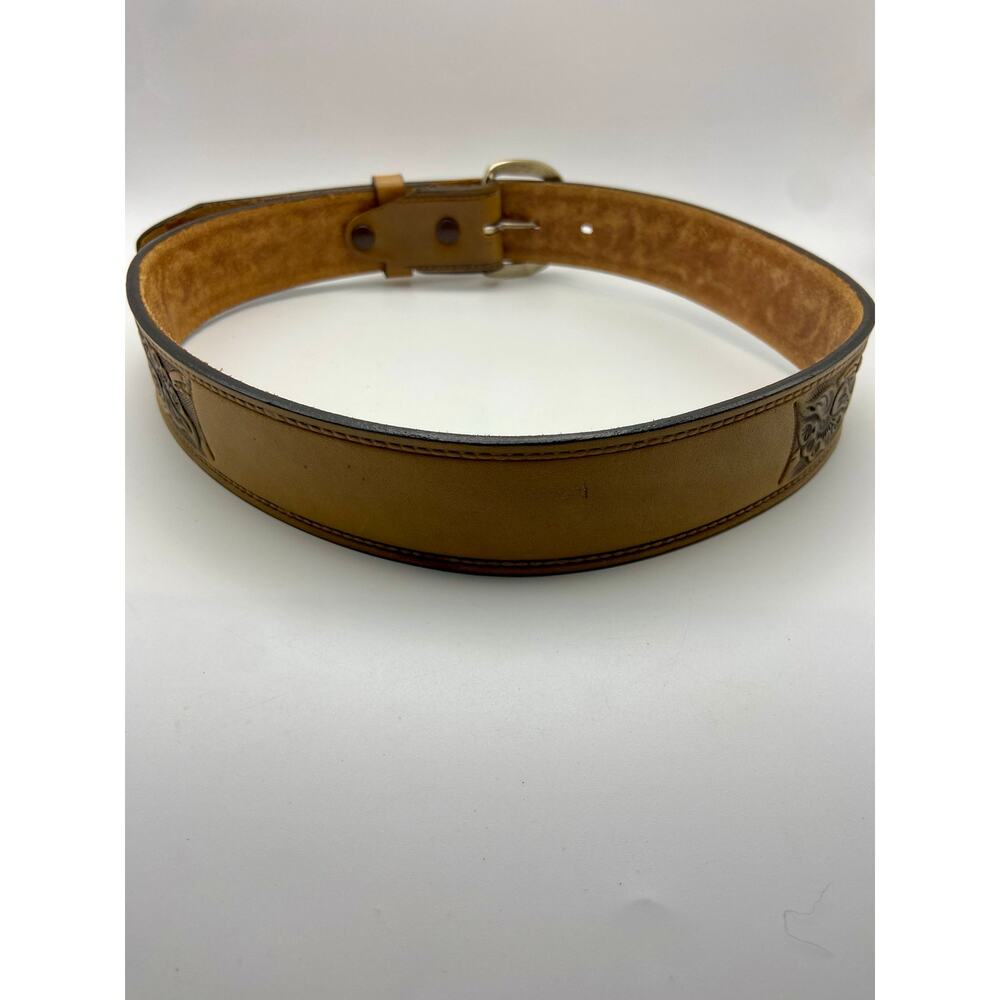 New vintage western name belt- tooled leather size 30- silver snap on buckle